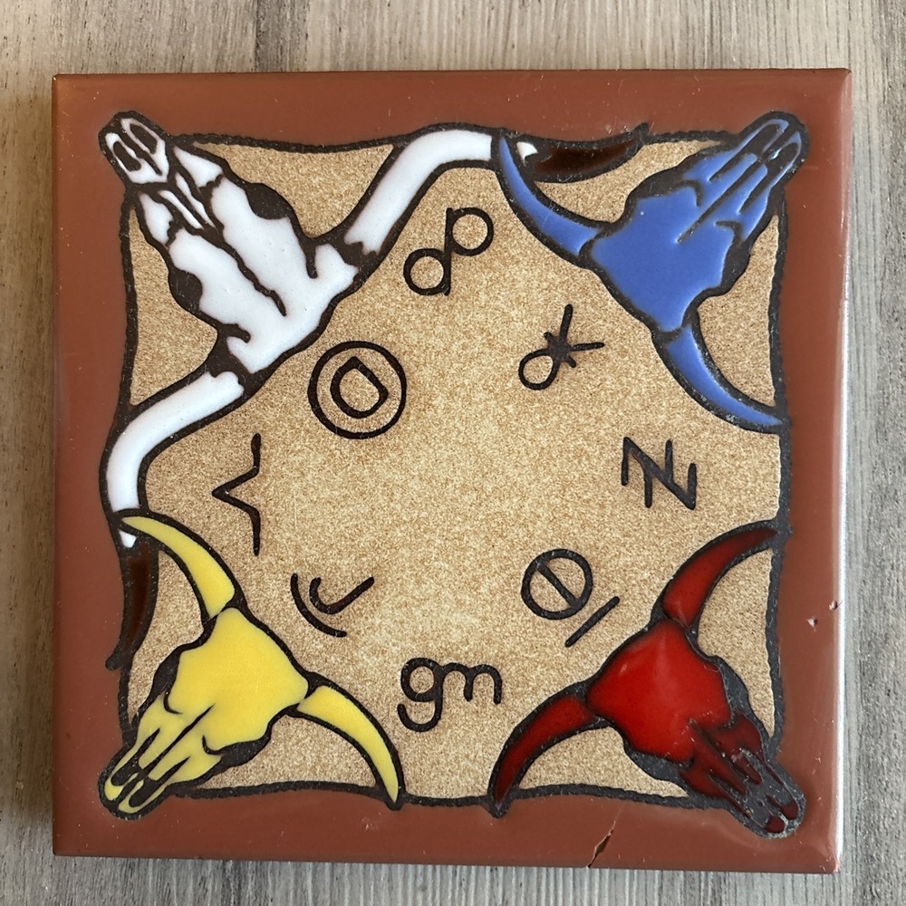 Vintage Trivet Masterworks Art Tile Skulls South Western Style Glazed 6” USA